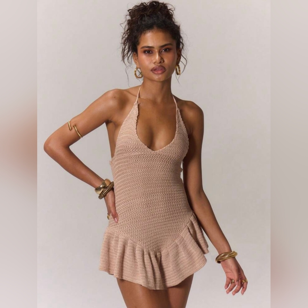 MUSERA Boho Crochet Knitted Frill Hem Summer Halter Top Women's Size XS NWT